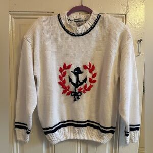 Nautical White Sweater with Anchor Design size Small hand knit nwt